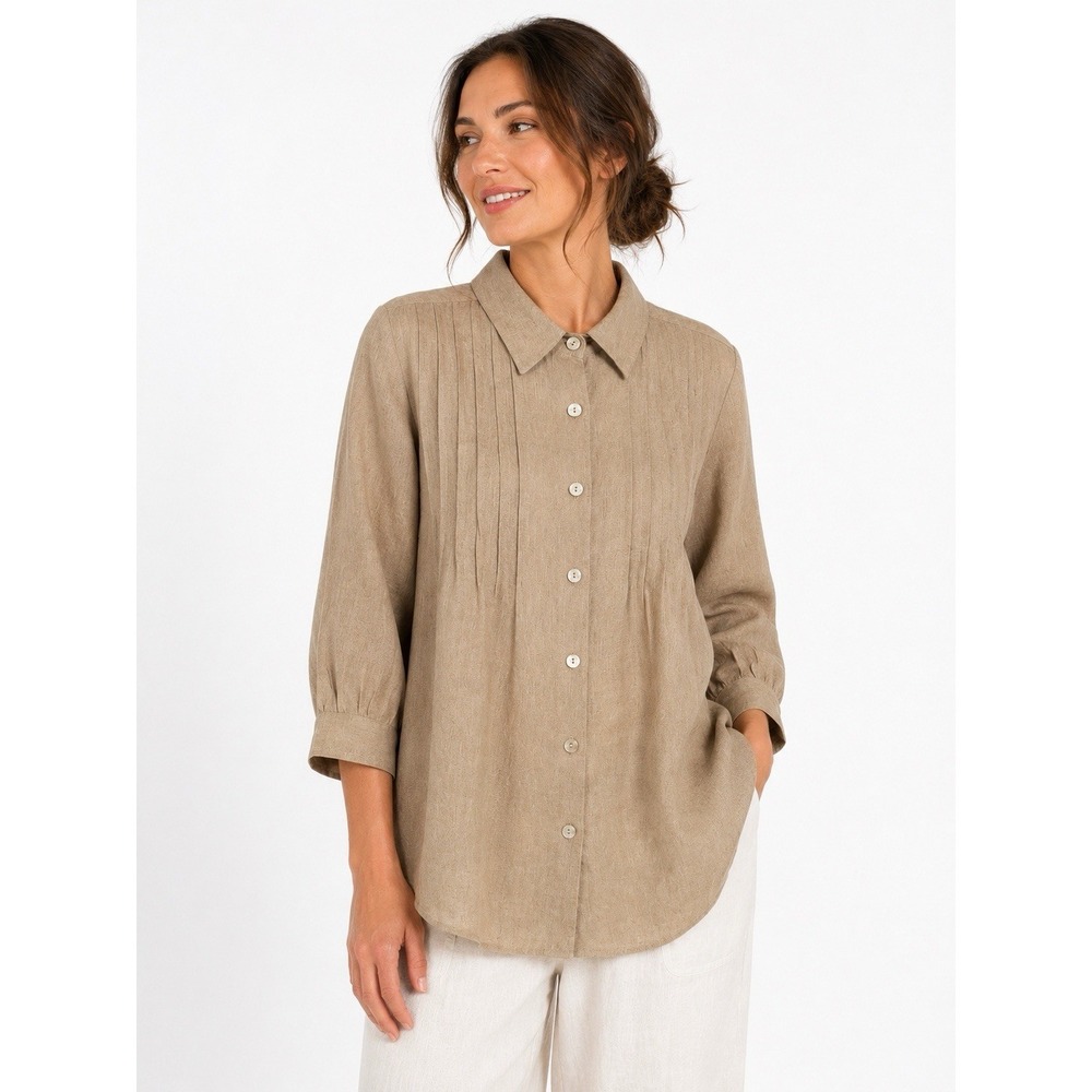 Toofan Linen Button Front Shirt L Beige Pintuck Lagenlook Coastal Grandma EUC